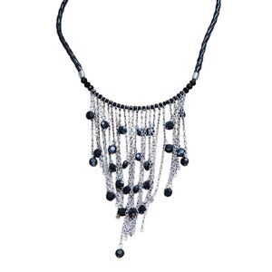 Vintage Black & Silver Chain Fringe Necklace Beaded Braided Cord Jewelry.